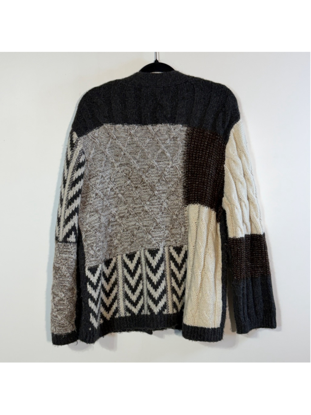 ZARA Patchwork Cardigan Sweater Women’s Medium Gray White Brown Buttons V-Neck - Picture 3 of 13